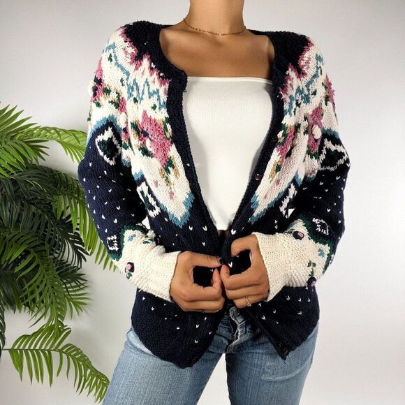 Vintage 90s Blue Floral Cottagecore Soft Girl Grandma Knit Sweater Cardigan / M - Picture 4 of 7